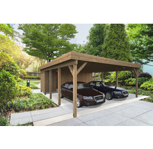 Carport aus Holz mit zwei geparkten Autos in einer Gartenszene
