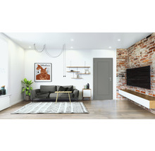 Salon lumineux avec canapé, tapis et mur de briques