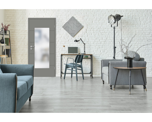 Salon avec porte intérieure grise avec insert en verre, canapés, bureau et décoration