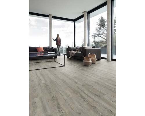 Séjour lumineux avec grande fenêtre, canapés, table et plancher en bois clair