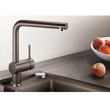 Robinet de cuisine en métal à côté d''un évier et de fruits