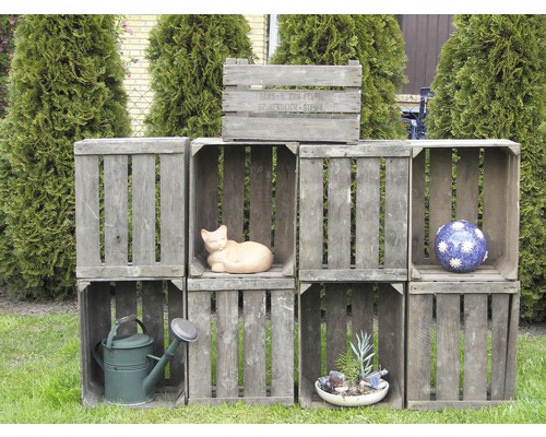 Dekorative Holzkisten mit Gartendekoration im Freien