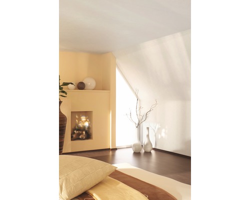Chambre claire avec toit mansardé, éléments décoratifs et plancher en bois pour une ambiance de vie confortable.