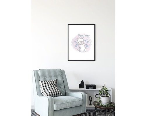 Image décorative encadrée d''un chat avec l''inscription Bonjour au-dessus d''une chaise