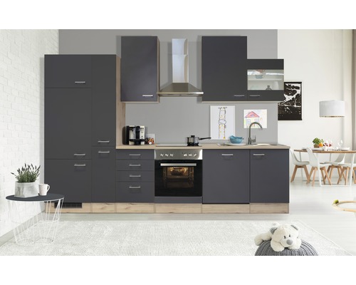 Bloc cuisine complète équipée Flex Well Tiago 310 cm façade gris basalte mate, corps chêne clair san remo variante réversible démonté