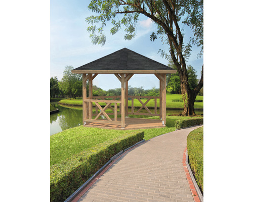 Pavillon Palmako Betty 9,9 m² hexagonal avec garde-corps sans plancher 384 x 339 cm apprêt par immersion marron