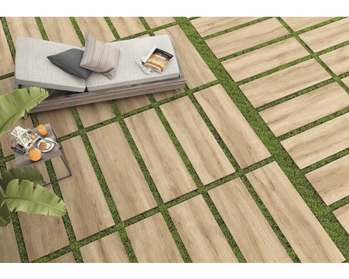 Dalle de terrasse en grès cérame fin Limewood Roble bord rectifié 120 x 40 x 2 cm-0