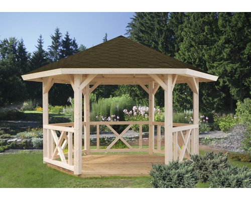 Pavillon Palmako Betty 9,9 m² sechseckig mit Geländer ohne Fußboden 384 x 339 cm tauchgrundiert