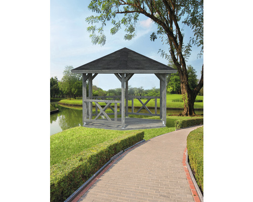 Pavillon Palmako Betty 9,9 m² hexagonal avec garde-corps sans plancher 384 x 339 apprêt par immersion cm gris