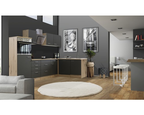 Cuisine en angle équipée Flex Well Tiago 280 cm façade gris basalte mate, corps chêne clair san remo variante réversible démonté