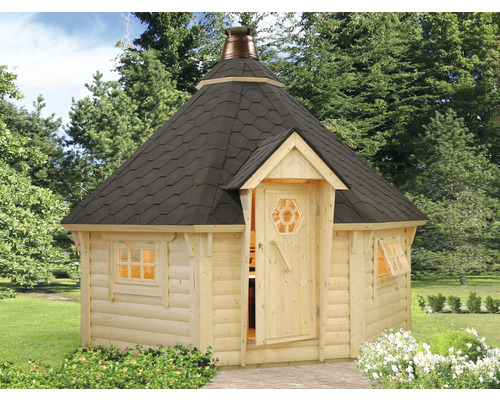 Holzgrillkota mit Dach, Tür und Fenster