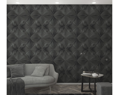 Wohnzimmer mit dreidimensionaler Wandverkleidung und Couch