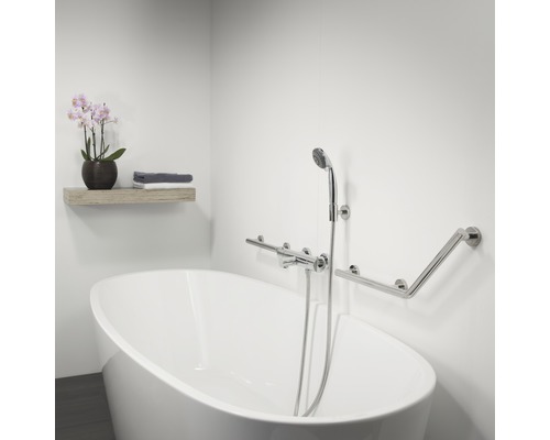 Baignoire îlot avec poignées de maintien et ensemble de douche dans la salle de bain