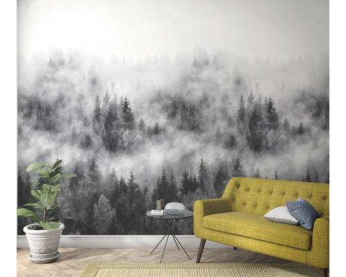 Salon avec papier peint photo représentant une forêt dans le brouillard