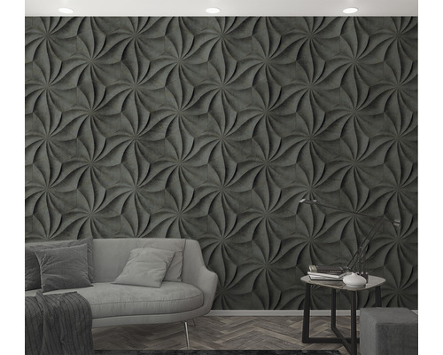 Wohnzimmer mit Sofa, Tischlampe und Wandpaneelen mit dreidimensionalem geometrischem Muster