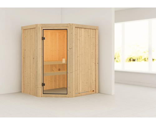 Sauna modulaire Karibu Faurin sans poêle ni couronne avec porte entièrement vitrée couleur bronze