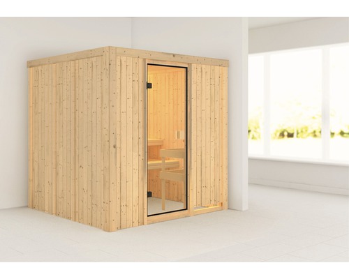 Sauna modulaire Karibu Tromsö sans poêle ni couronne avec porte entièrement vitrée couleur bronze