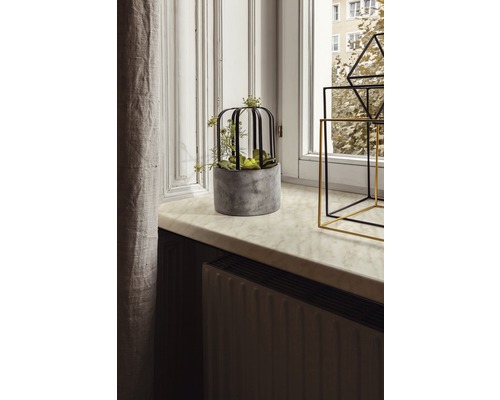 Scène décorative avec pot en ciment, plante et objets géométriques sur un rebord de fenêtre.