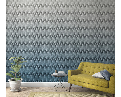 Dekorative Wand mit dreidimensionalen Paneelen, gelbes Sofa und Pflanze im Topf