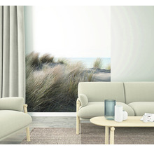 Wohnzimmer mit Sofa und Strandtapete