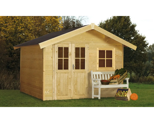 Abri de jardin en bois avec double porte, fenêtre, banc et légumes