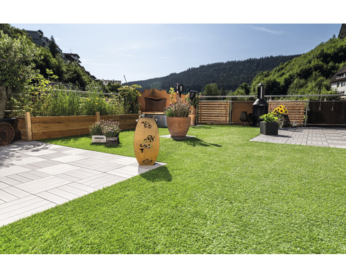 Jardin avec pelouse, jardinières, éléments de décoration et barbecue