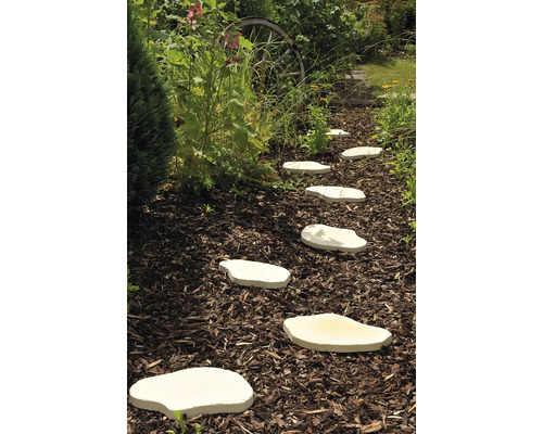 Chemin de jardin avec des pas japonais irréguliers à travers un jardin verdoyant.