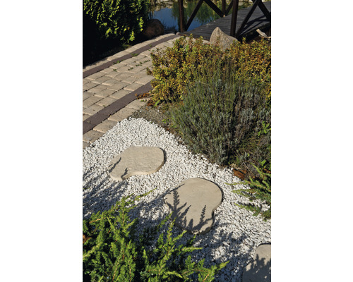 Scène de jardin avec des dalles de pierre, du gravier et des plantes dans l''aménagement paysager près d''un étang.