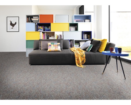 Salon avec canapé, étagères colorées et moquette