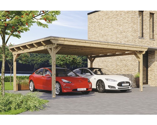 Carport double Konsta panneaux de toiture en aluminium ancrage H compris 618x500 cm naturel