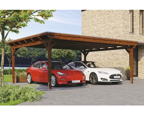Carport double Konsta panneaux de toiture en aluminium ancrage H compris 618x500 cm noyer