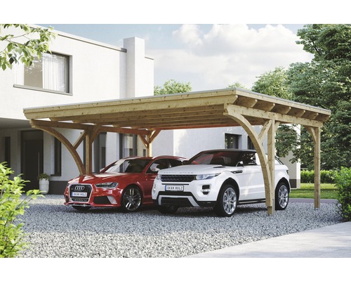Carport double Konsta panneaux de toiture en aluminium 2 arches et ancrage H compris 618x500 cm naturel