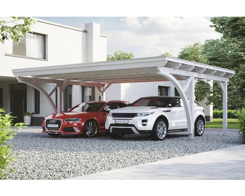 Carport double Konsta panneaux de toiture en aluminium 2 arches et ancrage H compris 618x500 cm blanc