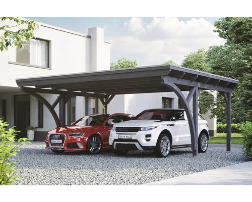 Carport double Konsta panneaux de toiture en aluminium 2 arches et ancrage H compris 618x500 cm gris ardoise