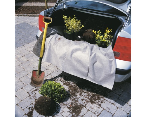 Pflanzen und Spaten auf einer Schutzplane im Kofferraum eines Autos