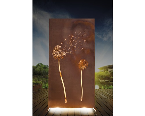 Sichtschutzwand Pusteblume 95 x 185 cm rost Dekorative Sichtschutzwand mit Löwenzahn-Motiv für den Außenbereich