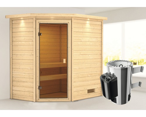 Plug & Play Sauna Karibu Jella inkl.3,6 kW Ofen u.integr.Steuerung mit Dachkranz und bronzierter Ganzglastüre