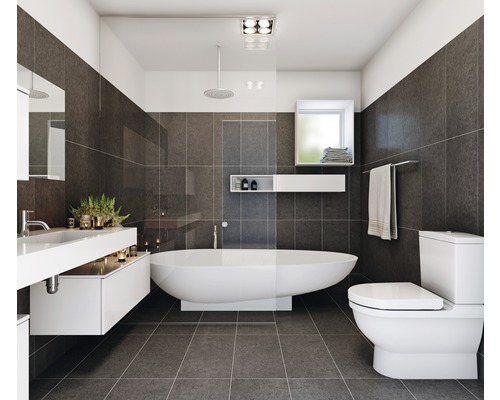 Salle de bain moderne avec baignoire, lavabo, toilettes et carrelage gris