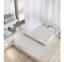 Badezimmer mit Dusche, Duschvorhang, Duschmatte und Badematte