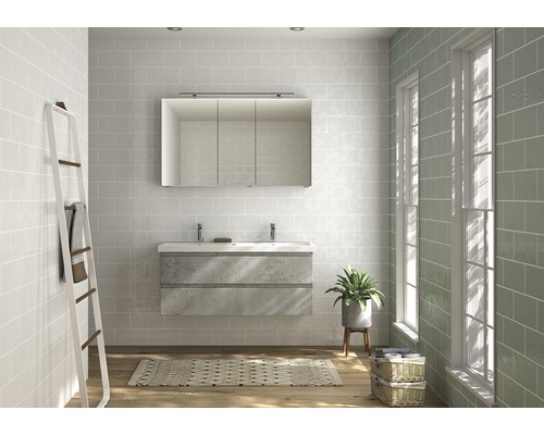 Salle de bains lumineuse avec meuble-lavabo, armoire de toilette, étagère échelle et décorations.