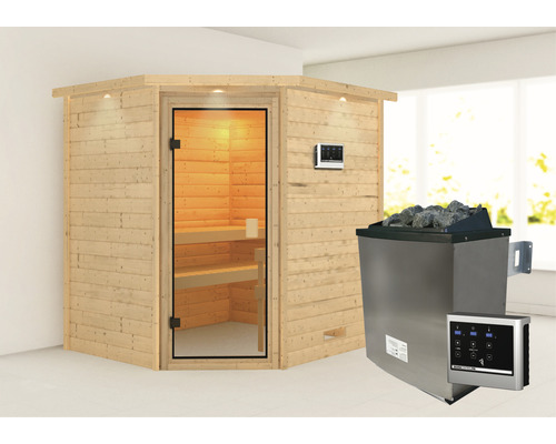 Sauna en bois massif Karibu Elea avec poêle 9 kW et commande externe avec couronne et porte entièrement vitrée couleur bronze