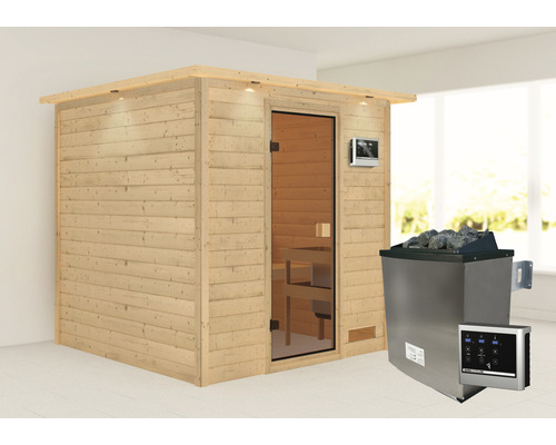 Sauna en bois massif Karibu Jara avec poêle 9 kW et commande externe avec couronne et porte entièrement vitrée couleur bronze