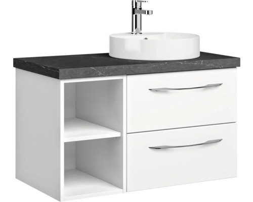 Waschtischunterschrank mit Aufsatzwaschbecken, Schubladen und Regalen