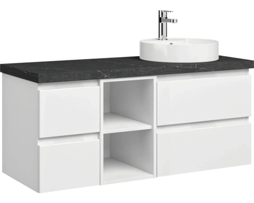 Waschtischunterschrank mit Aufsatzwaschbecken, Schubladen und Ablageflächen