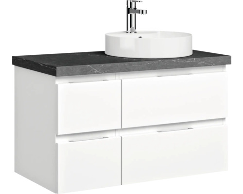 Waschtischunterschrank mit Aufsatzwaschbecken und Armatur
