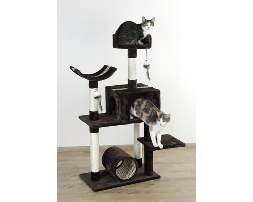 Katzenkratzbaum mit Höhle, Liegeflächen und Spielzeug mit zwei Katzen