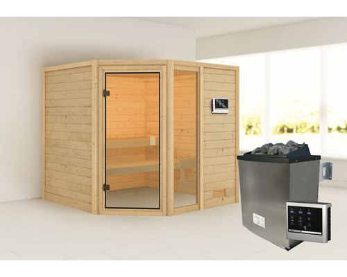 Sauna en bois massif Karibu Tabea avec poêle 9 kW et commande externe sans couronne avec porte entièrement vitrée couleur bronze