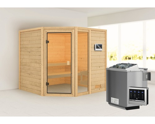 Sauna en bois massif Karibu Tabea avec poêle bio 9 kW et commande externe sans couronne avec porte entièrement vitrée couleur bronze