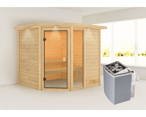 Sauna en bois massif Karibu Tabea avec poêle 9 kW et commande intégrée avec couronne et porte entièrement vitrée couleur bronze