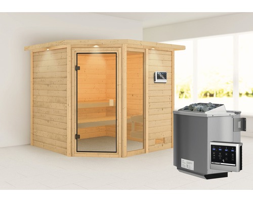 Sauna en bois massif Karibu Tabea avec poêle bio 9 kW et commande externe avec couronne et porte entièrement vitrée couleur bronze